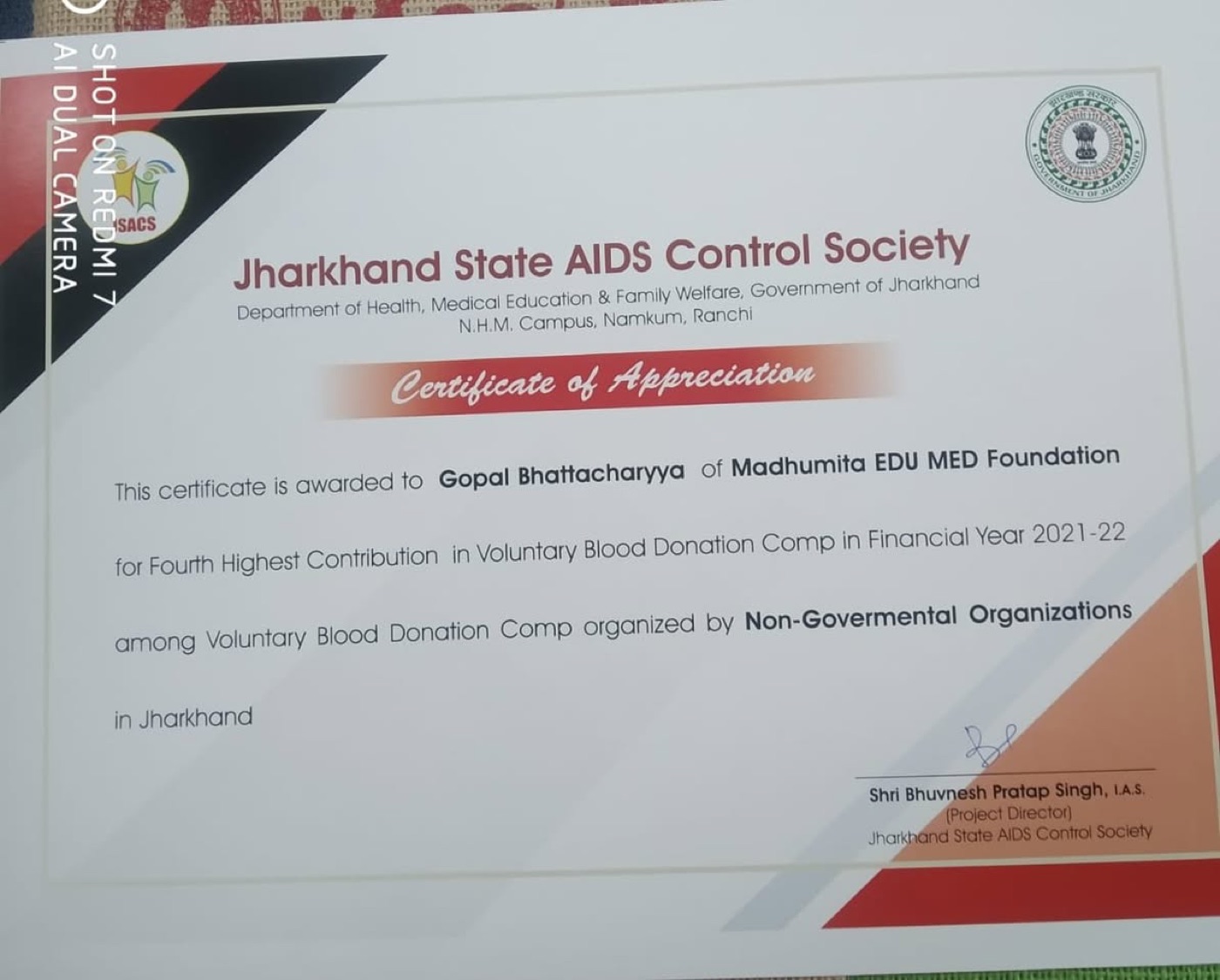 Certificate of Appreciation from the Jharkhand State AIDS Control Society awarded to MEM Foundation